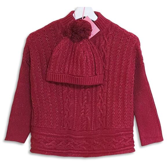 New LULURAIN Big Girl's Cable-Knit Boxy Sweater with PomPom Beanie Hat Set - Picture 3 of 7
